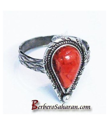 Bague kabyle en argent massif en corail rouge - Algerie