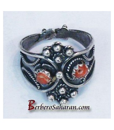 Bague kabyle en argent massif en corail rouge - Algerie
