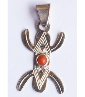 Nouveau Pendentif Touareg du symbole Amazigh en corail rouge et argent - Insigne Berbère