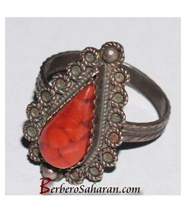 Bague kabyle en argent massif en corail rouge - Algerie