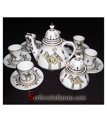 Handmade Algerian Tassili Berber Tea set in white ceramic & Gold