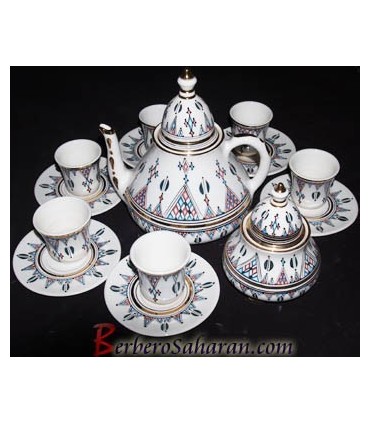 Handmade Algerian Tassili Berber Tea set in white ceramic & Gold