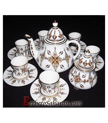 Handmade Algerian Tassili Berber Tea set in white ceramic & Gold