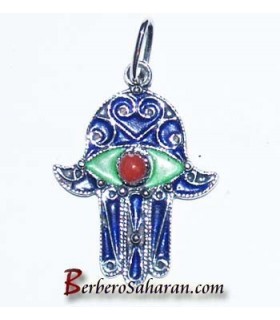 Pendentif Berbère Algérien en argent, corail rouge et emaille- Main de Fatima