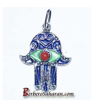 Handmade Silver, red coral and enamel hand of Fatima pendant from Algeria