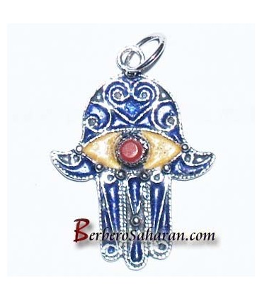 Handmade Silver, red coral and enamel hand of Fatima pendant from Algeria