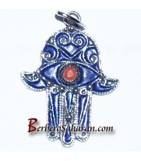 Pendentif Berbère Algérien en argent, corail rouge et emaille- Main de Fatima