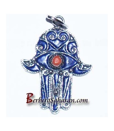 Pendentif Berbère Algérien en argent, corail rouge et emaille- Main de Fatima