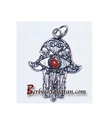 Handmade Silver and red coral hand of Fatima pendant from Algeria