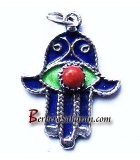Handmade Silver, red coral and enamel hand of Fatima pendant from Algeria