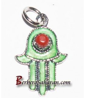 Handmade Silver, red coral and enamel hand of Fatima pendant from Algeria