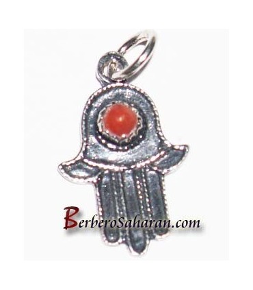 Handmade Silver and red coral hand of Fatima pendant from Algeria