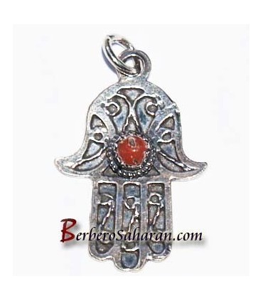 Handmade Silver and red coral hand of Fatima pendant from Algeria