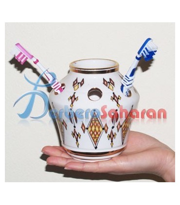 Handmade Algerian Tooth brush holder in white ceramic & Gold