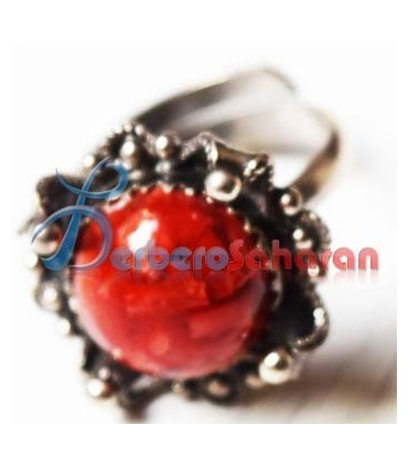 Bague kabyle ajustable en argent massif en corail rouge - Algerie