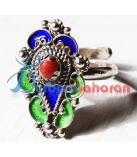 Handmade Algerian Berber Ring with silver, Mediterranean red coral and Enamel