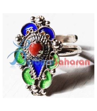 Handmade Algerian Berber Ring with silver, Mediterranean red coral and Enamel