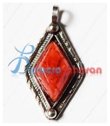 Pendentif en forme de losange fait 100% à la main à Freha en Argent et corail rouge