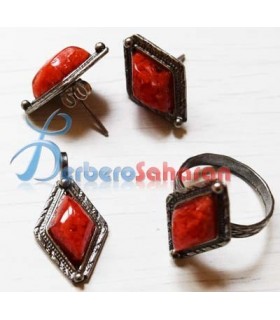 Algerian handmade Diamond shaped trio in pure silver and red coral